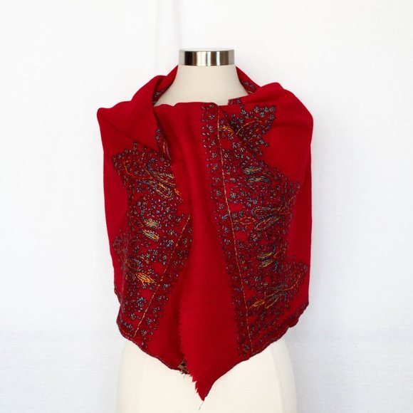 Vintage Accessories - Vintage Indian Hand-Embroidered Wool Wrap Red with Blue and Gold Paisley Design